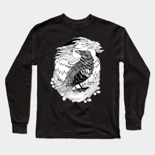 Patterned Woodland Raven - Black Linework Long Sleeve T-Shirt